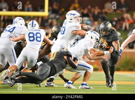 Waco, Texas, USA. 14th Sep, 2024. Baylor Bears linebacker Brooks Miller (41) sacks Air Force Falcons quarterback John Busha (3) and forces a fumble during the 2nd half the NCAA Football game between the Air Force Falcons and Baylor Bears at McLane Stadium in Waco, Texas. Matthew Lynch/CSM/Alamy Live News Stock Photo