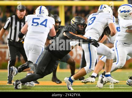 Waco, Texas, USA. 14th Sep, 2024. Baylor Bears linebacker Brooks Miller (41) sacks Air Force Falcons quarterback John Busha (3) and forces a fumble during the 2nd half the NCAA Football game between the Air Force Falcons and Baylor Bears at McLane Stadium in Waco, Texas. Matthew Lynch/CSM/Alamy Live News Stock Photo