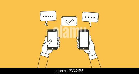 Two hands holding smartphones with chat bubbles and checkmarks on a yellow background. Stock Vector