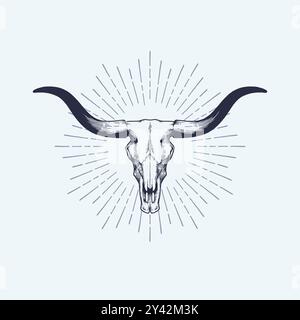 Texas longhorn skull vector illustration. Country western bull cattle hand drawn vintage logo design. Stock Vector