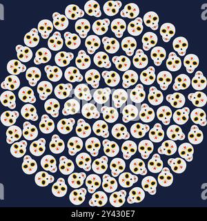 Sugar skulls with decorative hearts and lines. Circle background texture on dark blue Backdrop idea. Vector illustration Wallpaper, cards, poster, banner, brochure, leaflet, price, label or web, promo Stock Vector