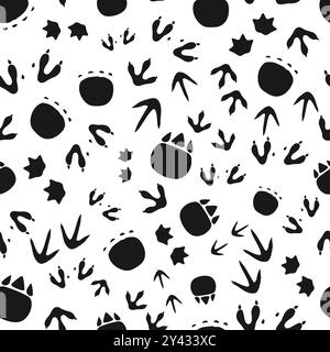 Dinosaur footprints seamless pattern background. Vector black and white playful tile for kids. Monochrome prehistoric ornament, wallpaper or fabric print with funny dino animals paw tail imprints Stock Vector