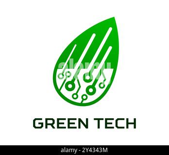 Green tech icon, smart digital farm and eco green energy technology. Isolated vector emblem combines a leaf with circuit elements, symbolizing integration of nature and tech for eco-friendly solutions Stock Vector