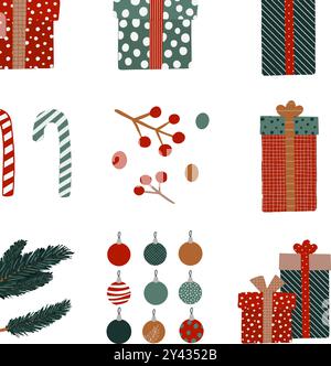 Two beautifully wrapped Christmas gift boxes, exquisitely adorned with festive patterns and elegant bows on top. Hand drawn vector graphics for the design of a websites, articles, booklet, flyer, e-pack, label or advertisement. Stock Vector