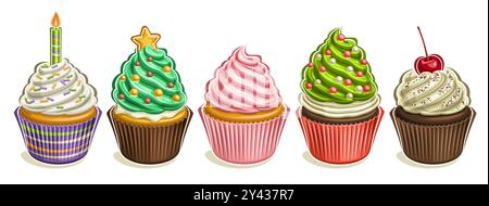 Vector Cupcake Set, collection of cut out illustrations different home made cute cupcakes in paper package with twisted cream, group of colorful carto Stock Vector