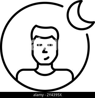 Male user avatar and crescent moon. Quiet mode on social media and messengers. Pixel perfect, editable stroke vector icon Stock Vector