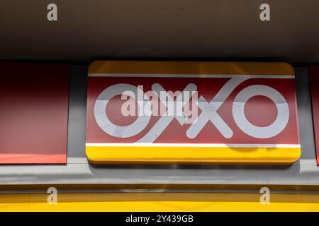 Sao Paulo, Brazil, March 15 2023. Front view of Oxxo supermarket in Sao Paulo city. Oxxo is popular Mexican chain of grocery stores or convenience sto Stock Photo