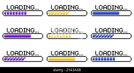 Pixel art 8-bit loading bar concept. Loading or Installing process.  Stock Vector