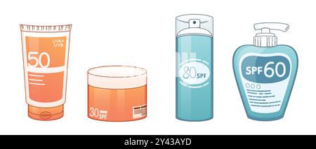 Sunscreen cream in plastic tube and jar. Cartoon vector illustration set of bottle with face and body skin care and sunblock lotion with spf. Container with ultraviolet protection cosmetic product. Stock Vector