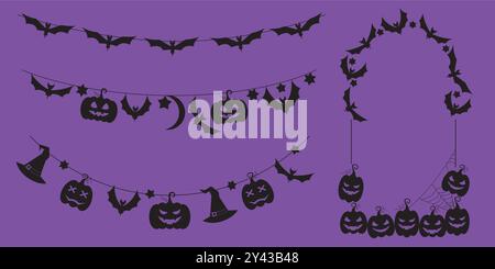 Halloween party decoration garland set with bats, pumpkins, witch hat. Cute Jack O Lantern Evil Pumpkin Garland Set for Halloween. Simple banner Stock Vector