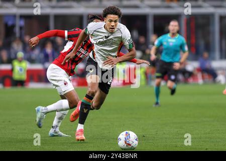 Milan, Italy. 14th Sep, 2024. Italy, Milan, 2024 09 14: Joel Schingtienne (Venezia) dribbles in back court in the second half during soccer game AC Milan vs Venezia FC, Serie A Tim 2024-2025 day 4, San Siro Stadium.Italy, Milan, 2024 09 14: AC Milan vs Venezia FC, Serie A Tim 2024-2025 day 4 at San Siro Stadium. (Credit Image: © Fabrizio Andrea Bertani/Pacific Press via ZUMA Press Wire) EDITORIAL USAGE ONLY! Not for Commercial USAGE! Stock Photo