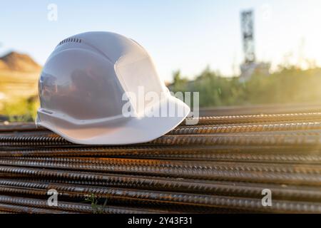 construction safety helmet at the construction site. protection concept at work. start of construction Stock Photo