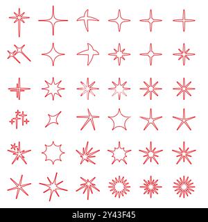 Red linear star sparkles vector set Stock Vector