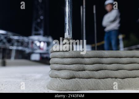 modern construction of 3D houses. printed house on a 3D printer, innovative construction technologies Stock Photo