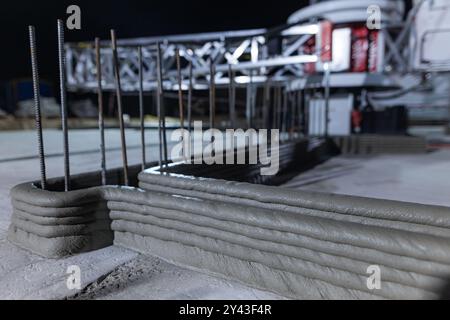 modern construction of 3D houses. printed house using a 3D printer. innovative construction technologies Stock Photo