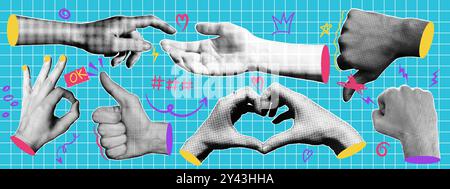 Collage halftone hands gestures with doodle elements. Dotted pop art style. Stock Vector