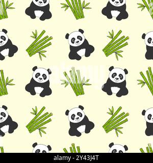 Pattern with cute panda and bamboo shoots pattern on yellow background, childrens funny background for textiles, packaging, backdrop. Vector illustrat Stock Vector