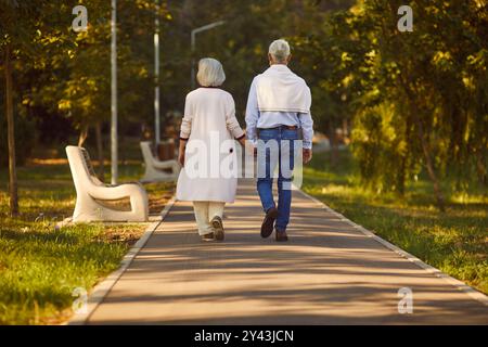 Senior couple rear view enjoying calm walk in park, holding hands close, romantic holiday together  Stock Photo