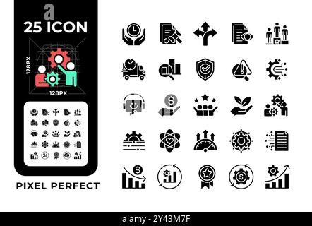 Production efficiency pixel perfect black glyph icons set on white space Stock Vector