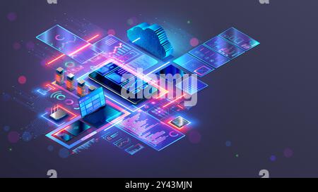 Web design concept. Website design for mobile phone. Web site, mobile app development concept. Isometric phone with responsive layout web pages, inter Stock Vector
