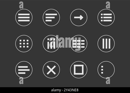 Menu for apps and web Hamburger Menu dropdown in circle. Set interface icons, popup bar, template. Application list burger button. Vector illustration Stock Vector