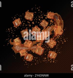 Ice cubes whiskey. Iced cube bubbles in whisky or cola stream splash, refreshment drink frozen cool premium brandy cognac bourbon soda splatter, realistic exact vector illustration original artwork Stock Vector