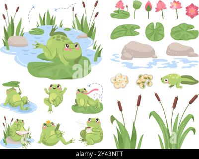 Cartoon frog pond. Green frogs or swamp toads on lily lotus leaves in water, baby tadpole amphibian toad pose jumping catch insect mosquito, comic animal swanky vector illustration original artwork Stock Vector