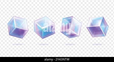 Holographic cubes. Glassy clear transparent cube, crystal surface geometric block spectrum prism dispersion hologram effect purple reflection realistic 3d exact vector illustration original artwork Stock Vector