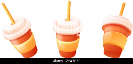 Paper cup render. 3d takeaway coffee cups with straw cover for to go cafe, tasty soda coke cola beverage or tea drink in cardboard mug plastic ad mockup, exact vector illustration original artwork Stock Vector