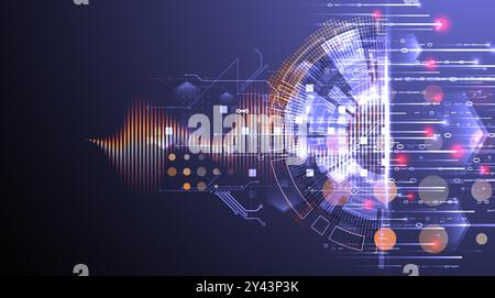 Data analysis. Scientific and technological background. A bisected techno circle from which lines and numbers emerge. Hand made vector. Stock Vector