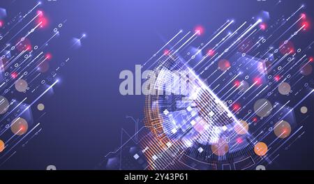 Data analysis. Scientific and technological background. A bisected techno circle from which lines and numbers emerge. Hand made vector. Stock Vector