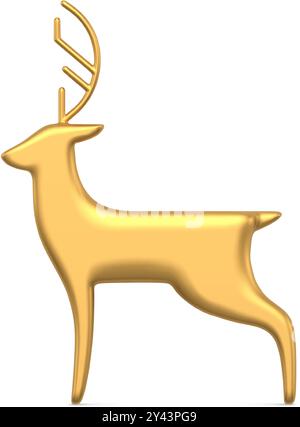 Classic north deer golden metallic bauble statuette decorative design side view realistic vector illustration. Luxury horned animal toy 3d template fo Stock Vector