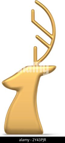 Luxury golden north deer head with horns traditional Christmas bauble side view realistic vector illustration. Expensive festive winter holiday statue Stock Vector
