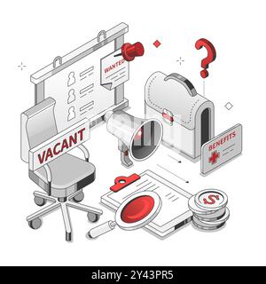 Job search - isometric red and black line illustration Stock Vector
