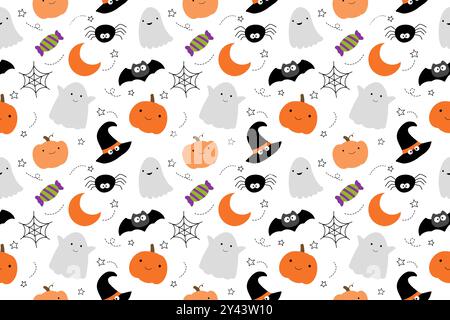 Halloween cute kids pattern seamless background. Cover banner halloween hand drawn style for textile fabric cute design. Stock Vector