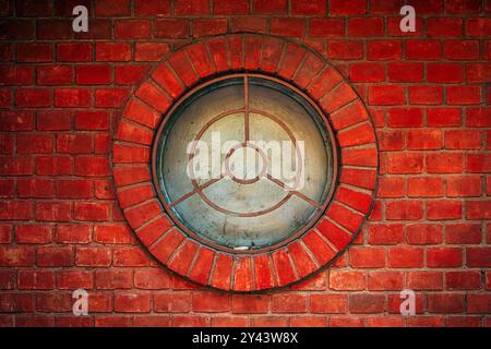 Round window, circular shaped window on a brick wall as background Stock Photo
