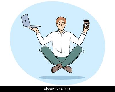 Meditating business man with laptop and coffee, floating in air sitting in lotus position. Businessman enjoys work and recommends meditation or yoga to increase productivity in business tasks Stock Vector