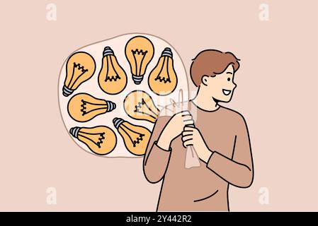 Talented man with lot of ideas in imaginary bag goes to investors for investment for startup. Light bulbs behind happy guy symbolize ideas and innovations awaiting testing and launch. Stock Vector