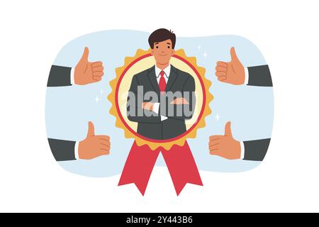 Man became best employee of month, looking out from medal located among fingers up Stock Vector