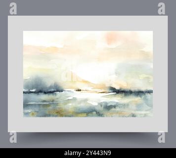 Summer nature with sunset over river or lake with mountains on coast, on watercolor artwork Stock Vector