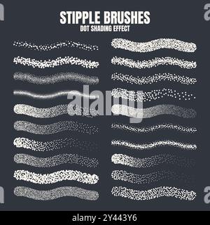 Stipple scatter brush, ink drawing and texturing. Fading gradient. Stippling, dotwork drawing, shading using dots. Halftone disintegration effect Stock Vector