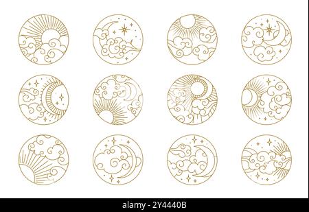 Chinese moon, cloud, sun, oriental asian art. Vector circles with line pattern of night cloudy sky, stars, crescent moon, sun and clouds. Chinese, japanese, korean or tibetan esoteric tattoos set Stock Vector