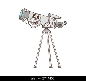 Cartoon groovy space character of telescope with funky face looking in galaxy, vector 70s comic art. Groovy funny retro telescope character observing galaxy or space sky with happy smile on face Stock Vector