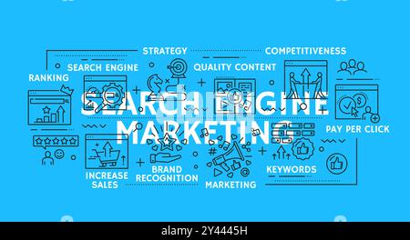 SEM search engine marketing line vector icons. Ranking, increase sales, brand recognition and keywords. Quality content, strategy, competitiveness and pay per click linear signs or symbols set Stock Vector