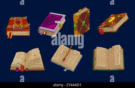 Ancient magic spell book, medieval game book icons, fantasy manuscript and old parchment with vintage ink pen, vector UI or GUI assets. Cartoon open and closed spellbooks with ribbons, gems and locks Stock Vector