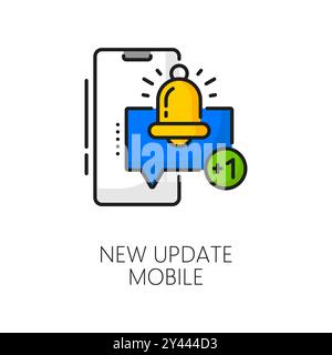 Mobile system new software update color thin line icon. Smartphone app update, phone driver software download or app maintenance thin line vector symbol with mobile message cloud and notification bell Stock Vector
