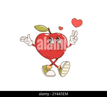 Retro cartoon groovy apple fruit character whistling love melody, vector funky comic. Cartoon groovy apple fruit in love with hearts and happy face singing song, funny character for Valentine romance Stock Vector