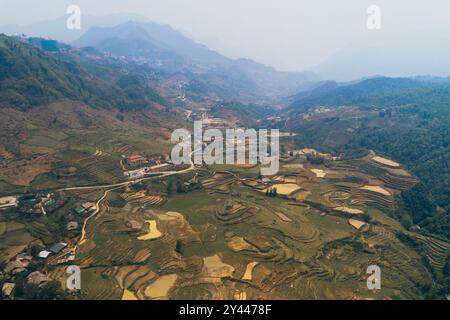 Terraced rice fields on serene hills in Vietnam Stock Photo