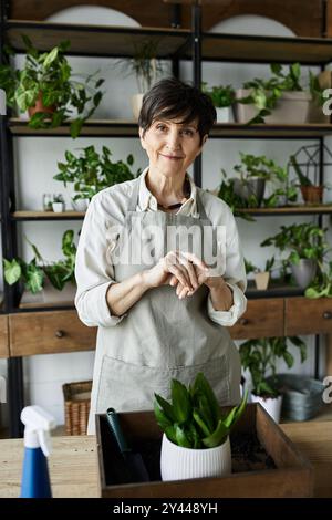 A gardener tends to her thriving plants with care and dedication. Stock Photo