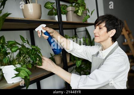 A gardener tends to her plants with care and attention. Stock Photo